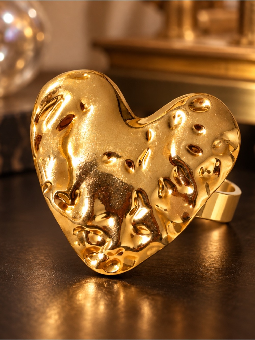 Gold Hammered Heart Statement Ring – Adjustable